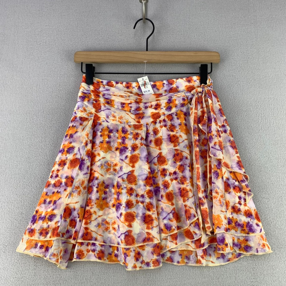 Aerie Floral Tiered Mini Skirt Women XS Orange Boho Ruffle Chiffon NWT